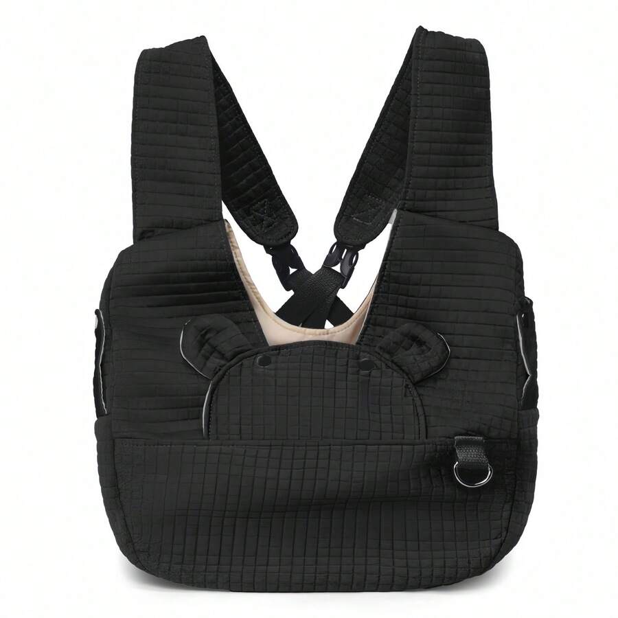 Multicolor adjustable front-facing pet carrier backpack with padded shoulder straps for small and medium dogs and cats.