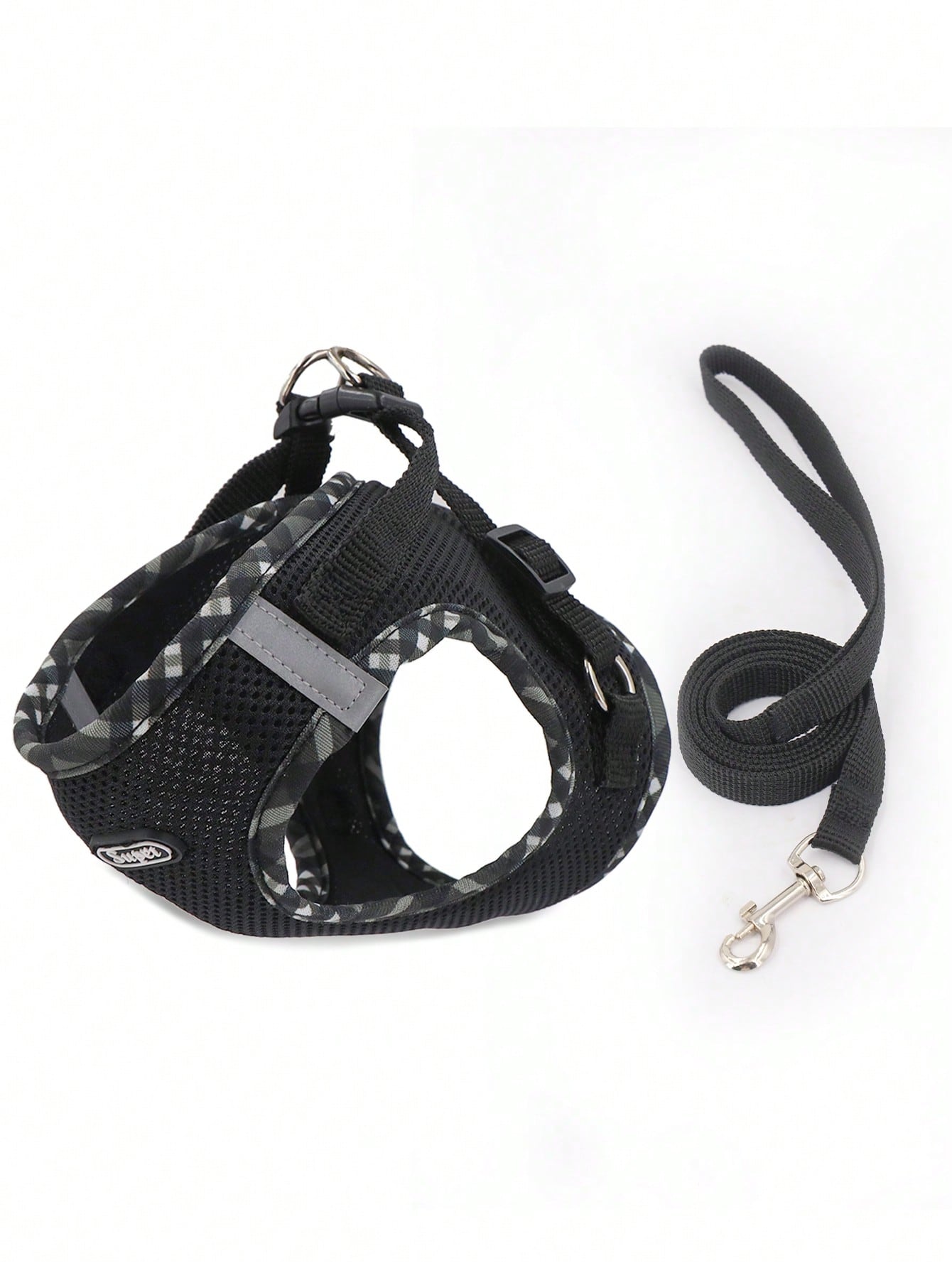 Supet pink plaid reflective polyester pet harness set with leash for cats and small dogs, designed for breathable indoor and outdoor use.