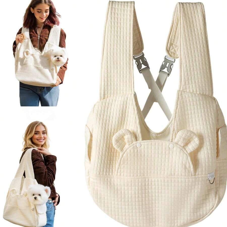 Multicolor adjustable front-facing pet carrier backpack with padded shoulder straps for small and medium dogs and cats.