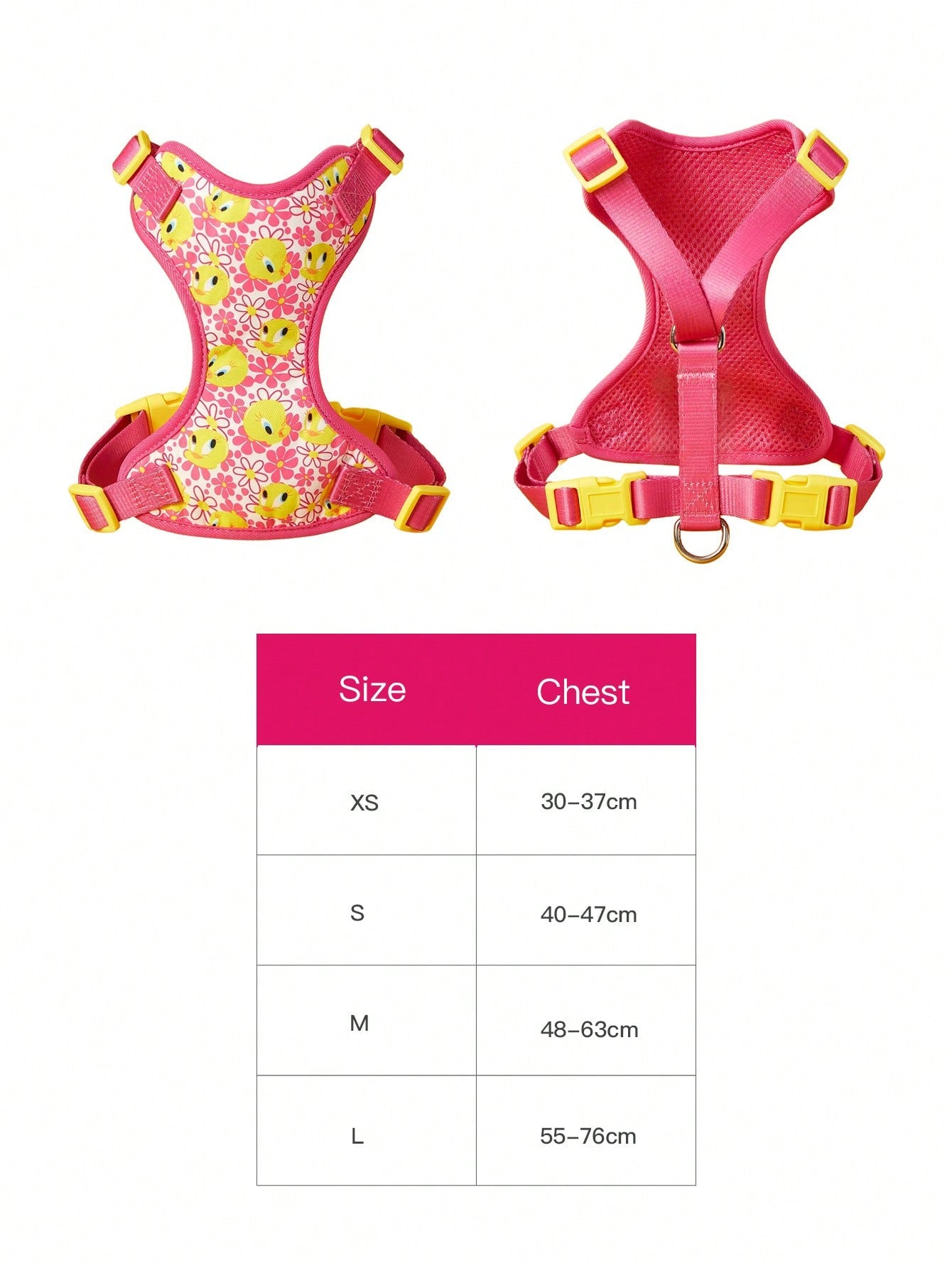 Powerpuff Girls cartoon dog harness with heart print, breathable polyester mesh, adjustable straps, and vibrant color block design for small dogs