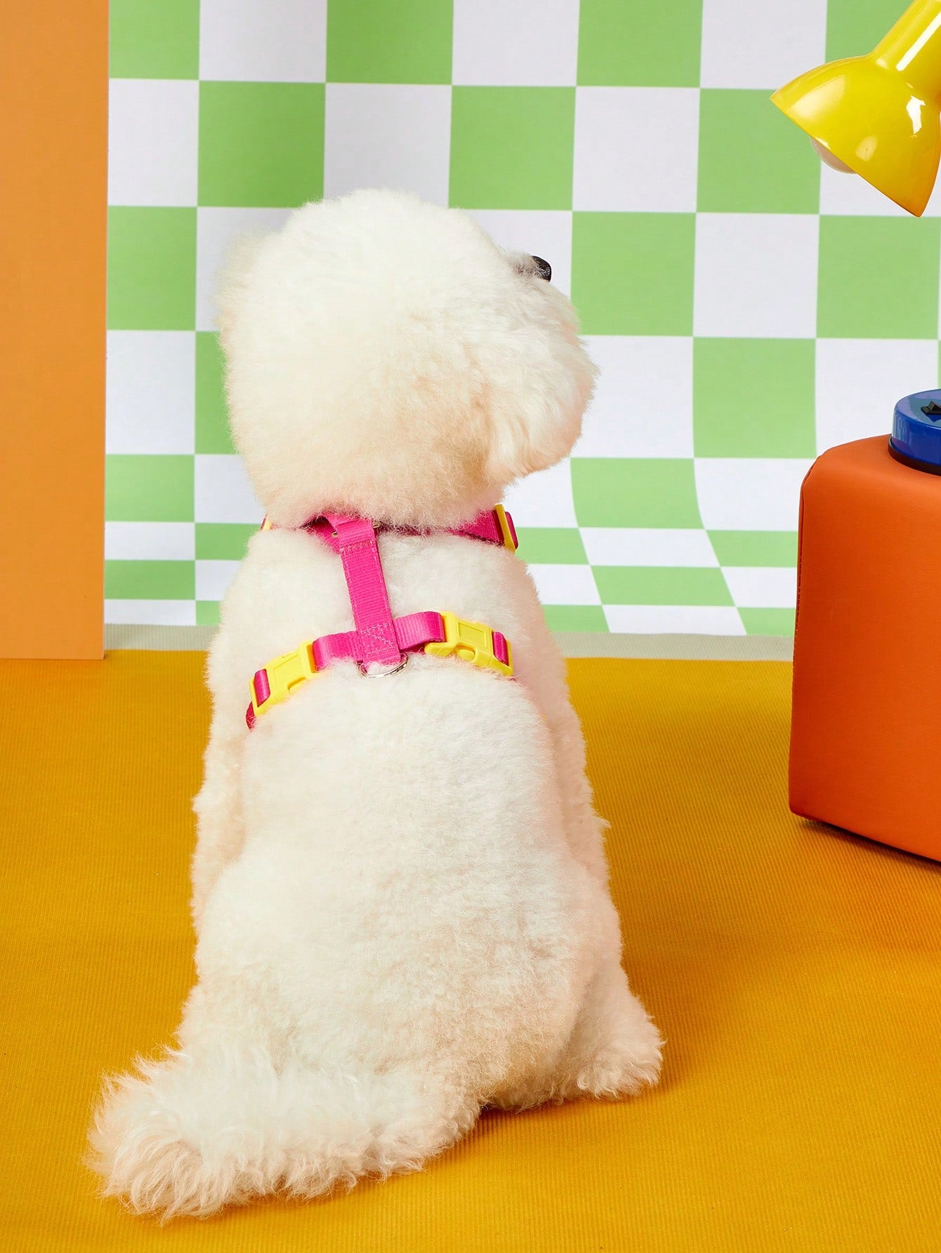 Powerpuff Girls cartoon dog harness with heart print, breathable polyester mesh, adjustable straps, and vibrant color block design for small dogs