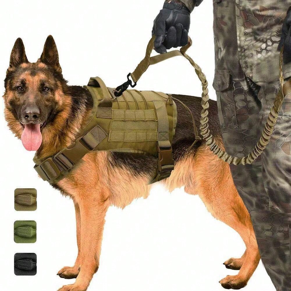 Adjustable dog training harness vest with handle in multicolor polyamide, designed for no-pull control during training, hunting, and walking