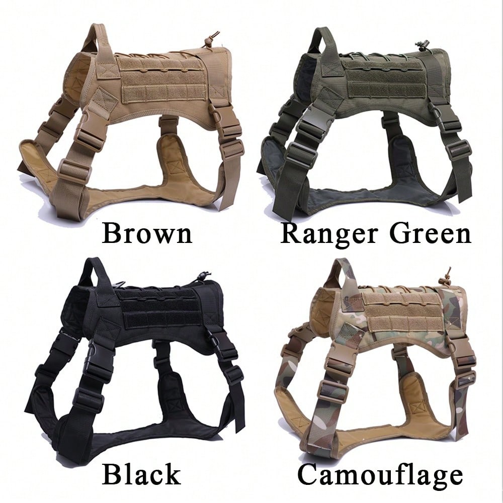 Adjustable dog training harness vest with handle in multicolor polyamide, designed for no-pull control during training, hunting, and walking