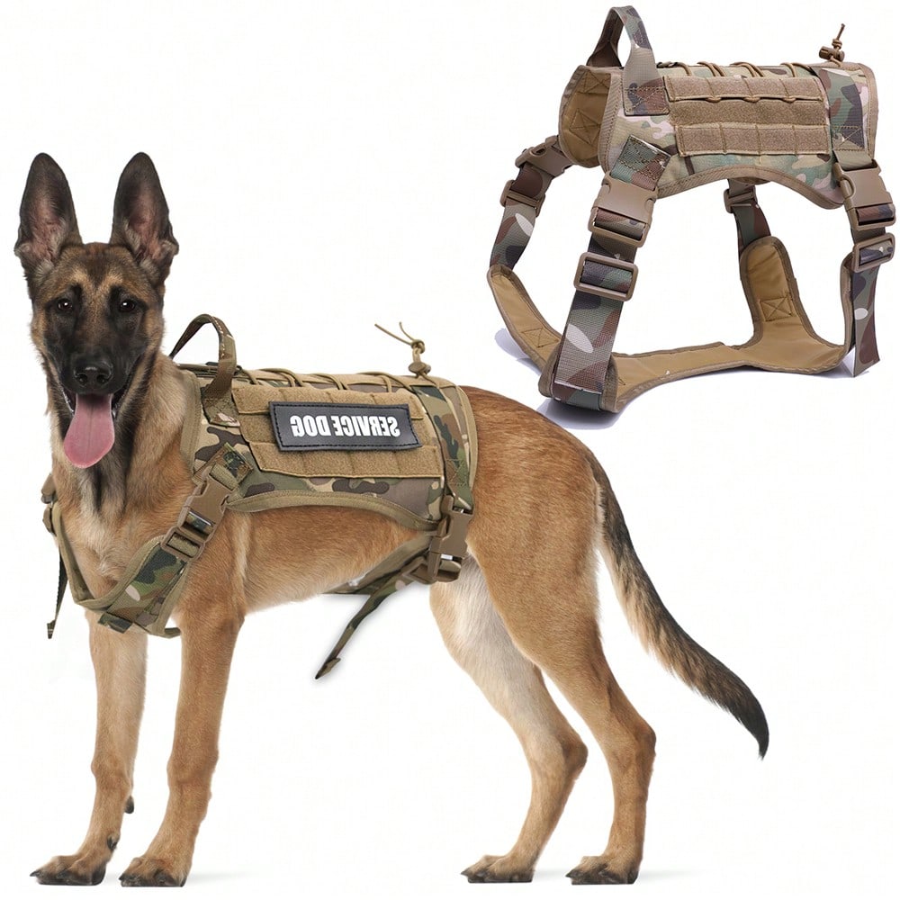 Adjustable dog training harness vest with handle in multicolor polyamide, designed for no-pull control during training, hunting, and walking