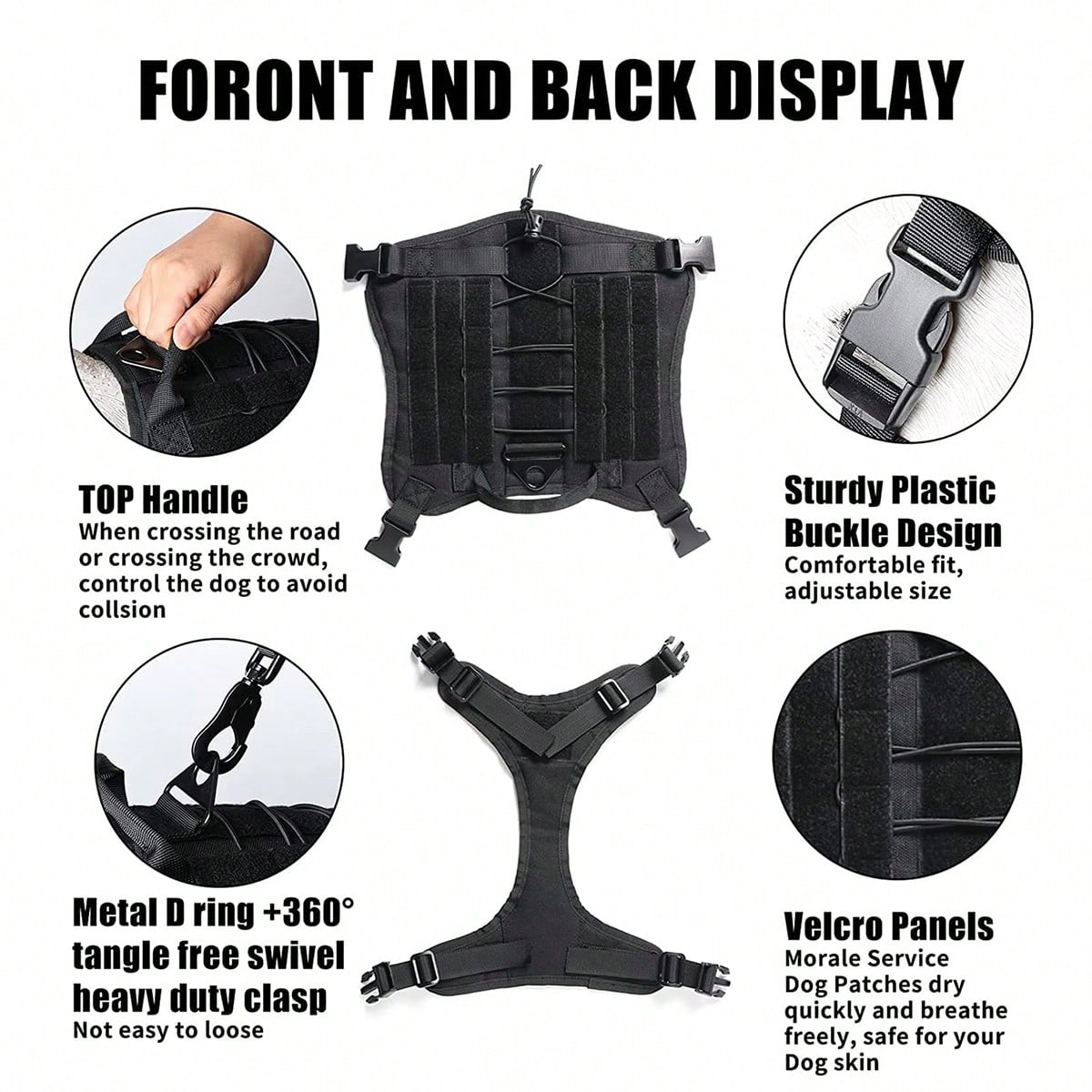 Adjustable dog training harness vest with handle in multicolor polyamide, designed for no-pull control during training, hunting, and walking