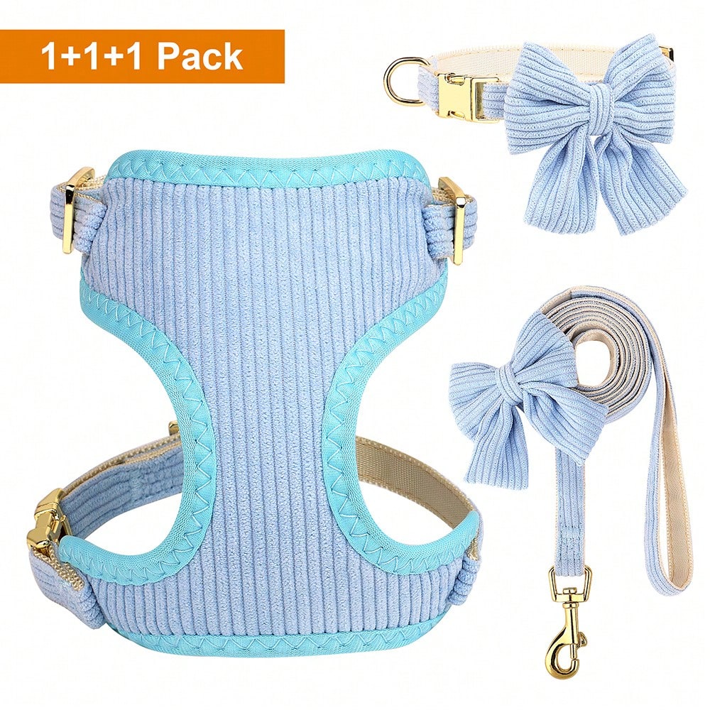 Rose red velvet bow dog collar, leash, and harness set for cats and dogs, made with polyester for everyday pet walks and styling.