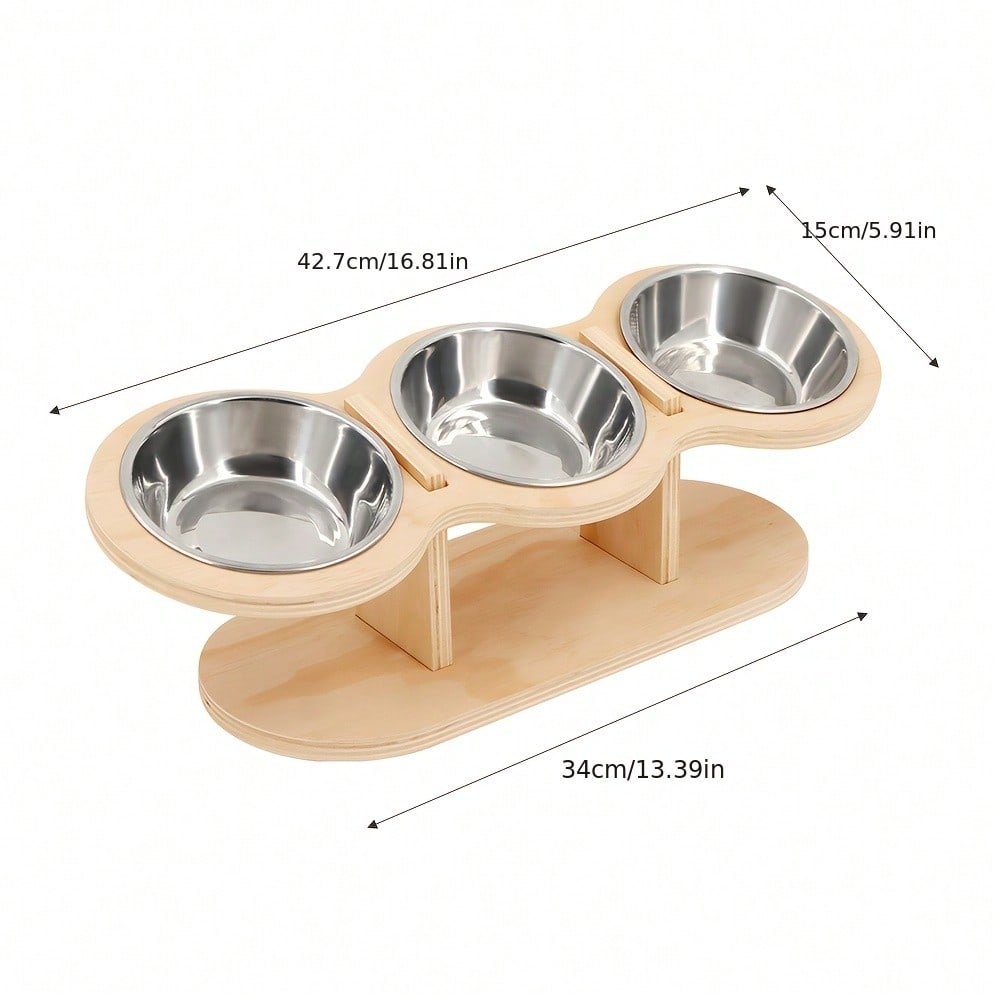 15° Tilted Elevated Cat Bowl, Anti-Vomiting Design, Adjustable Wooden Stand For Dog Bowls, 3 Stainless Steel Bowls, Suitable For Cats And Small Dogs