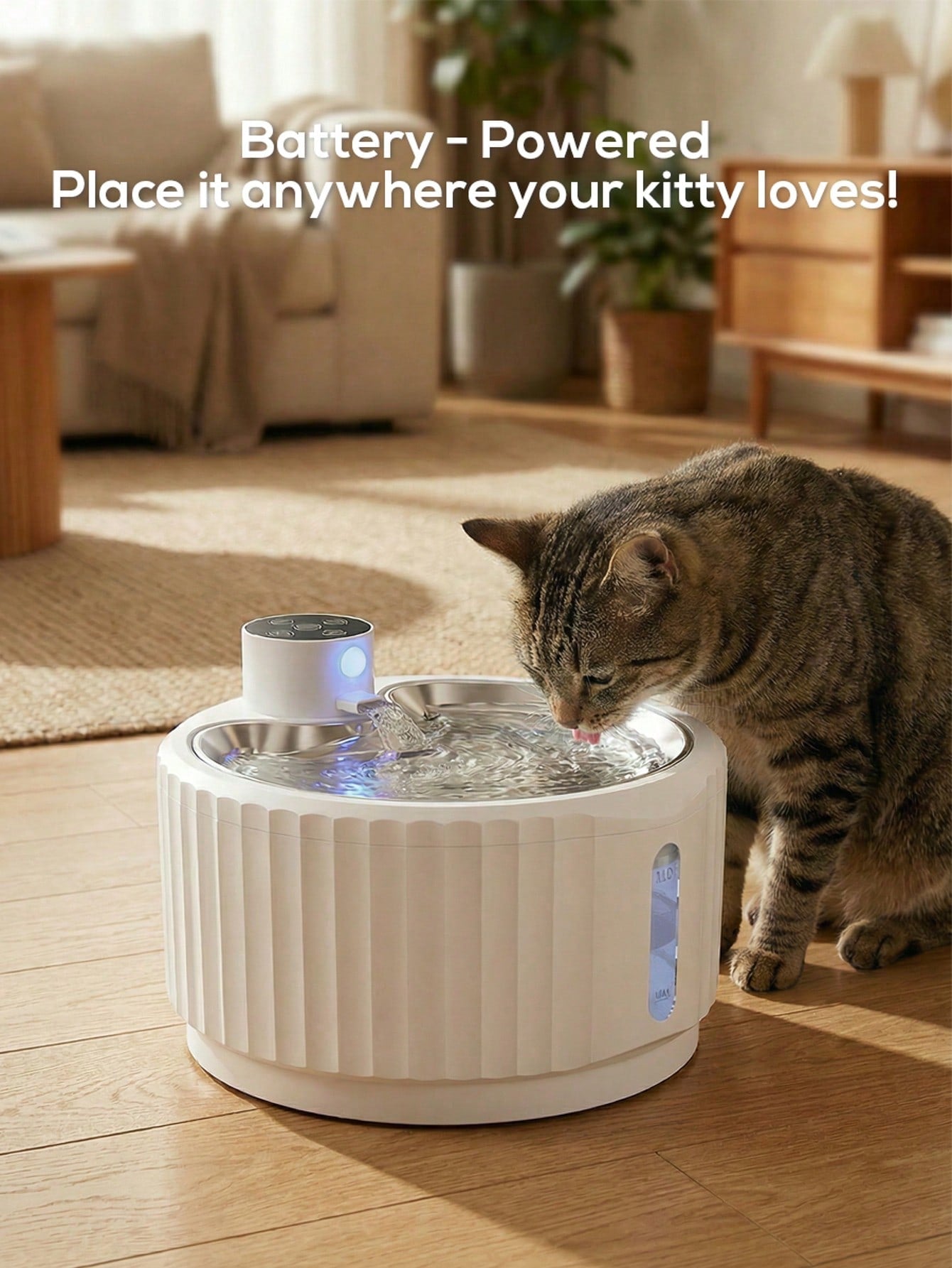 White rechargeable automatic cat water dispenser pet bowl with smart sensor and 2.8L capacity