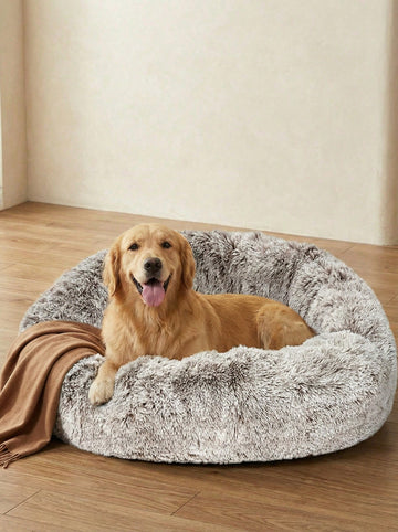 Mocha Brown plush round pet bed with non-slip bottom for dogs and cats.