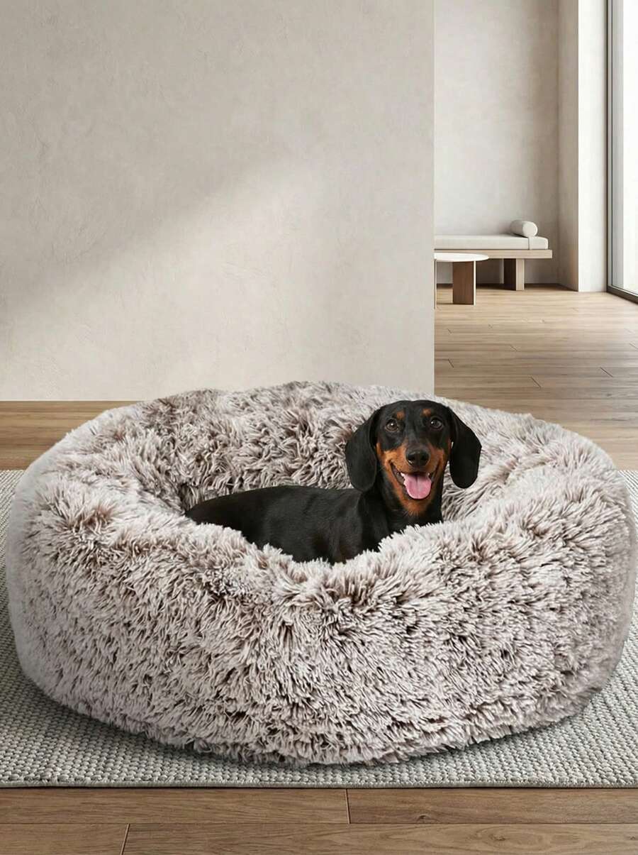 Mocha Brown plush round pet bed with non-slip bottom for dogs and cats.