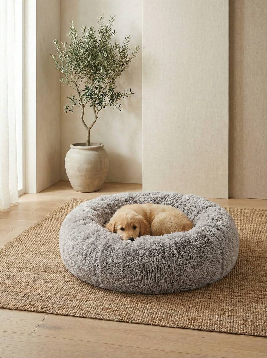 Mocha Brown plush round pet bed with non-slip bottom for dogs and cats.