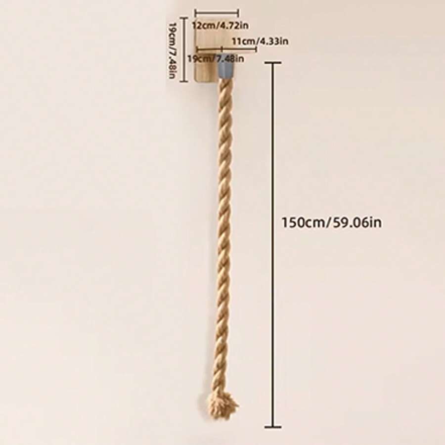 Apricot wall-mounted cat scratching and climbing rope toy with wooden base for indoor cats
