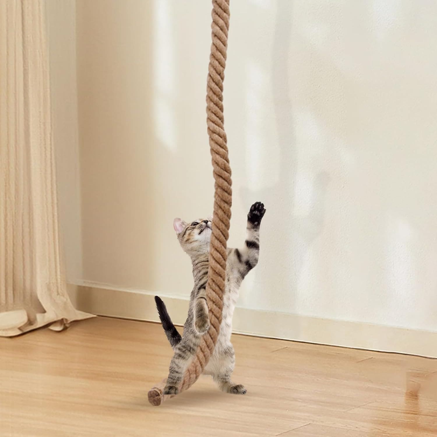Apricot wall-mounted cat scratching and climbing rope toy with wooden base for indoor cats