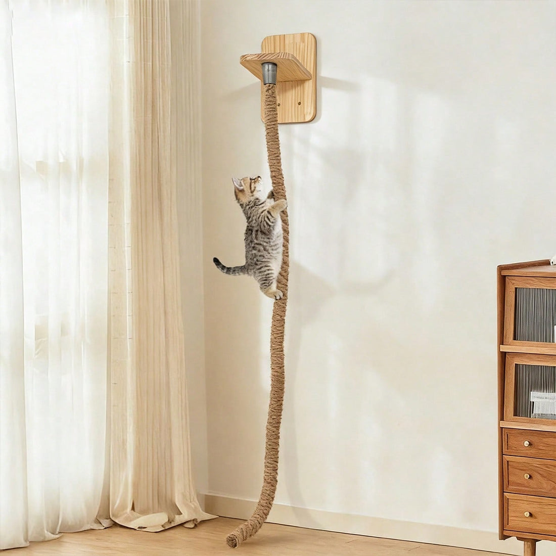 Apricot wall-mounted cat scratching and climbing rope toy with wooden base for indoor cats