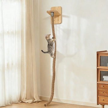 Apricot wall-mounted cat scratching and climbing rope toy with wooden base for indoor cats
