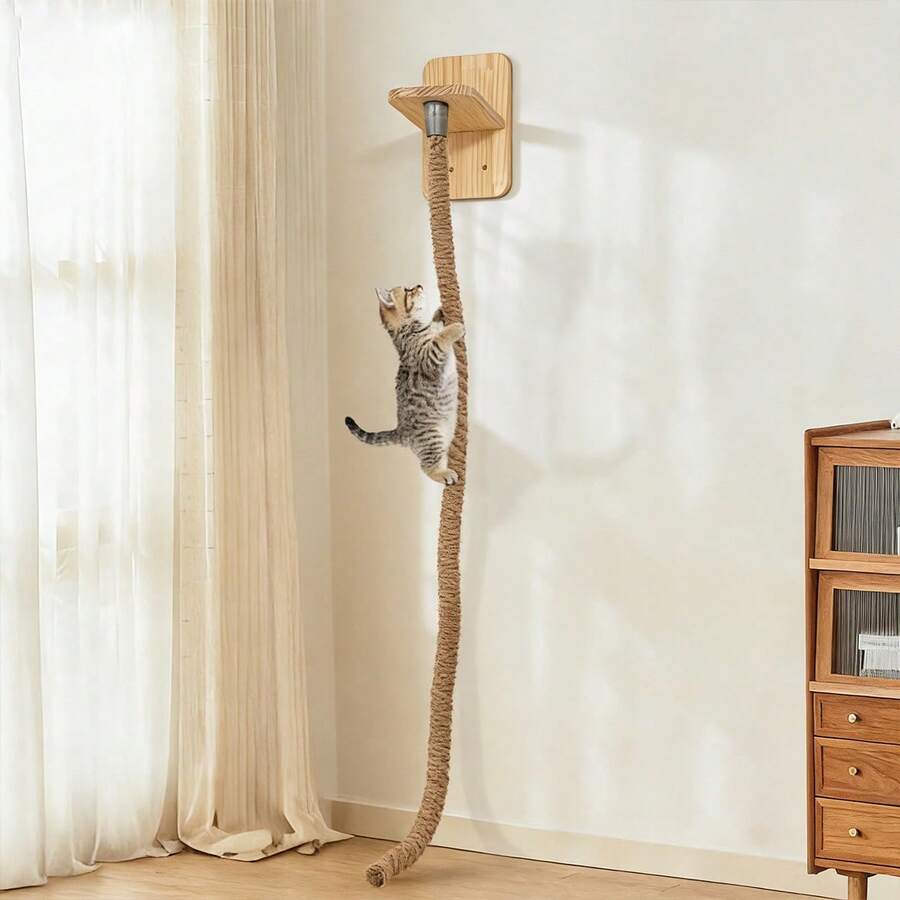 Apricot wall-mounted cat scratching and climbing rope toy with wooden base for indoor cats