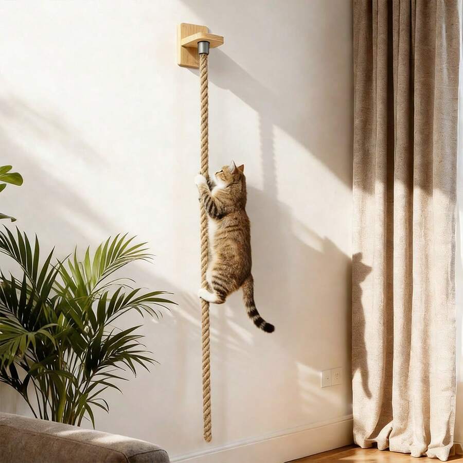 Apricot wall-mounted cat scratching and climbing rope toy with wooden base for indoor cats