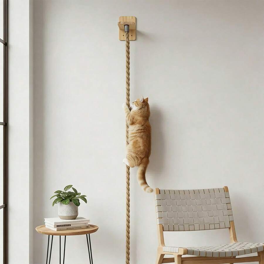Apricot wall-mounted cat scratching and climbing rope toy with wooden base for indoor cats