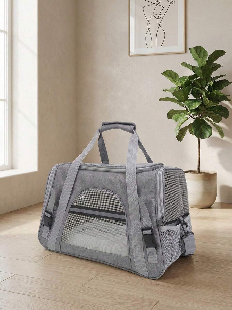 Grey colorblock soft-sided pet carrier bag for medium cats and small dogs up to 15 lbs