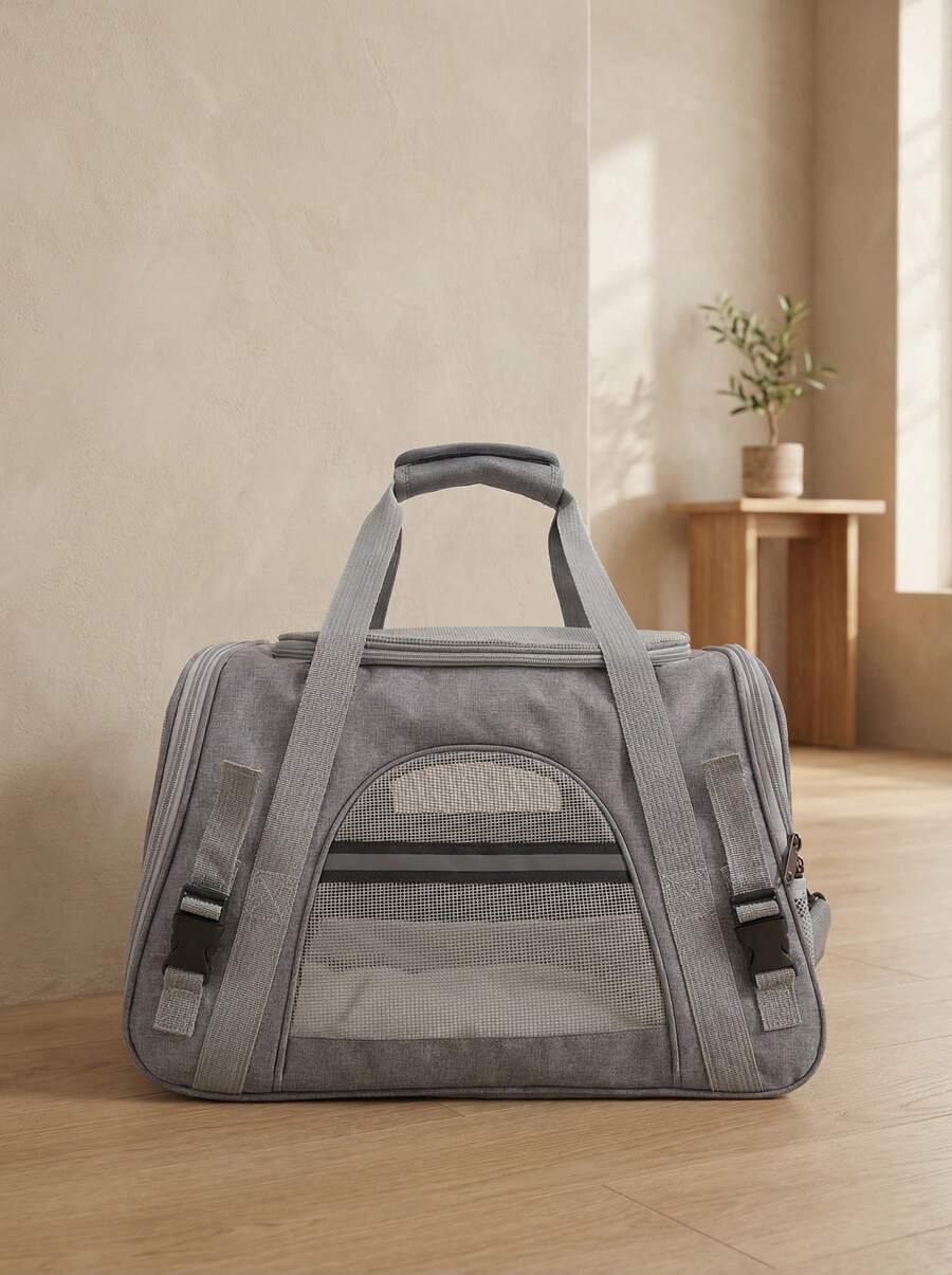 Grey colorblock soft-sided pet carrier bag for medium cats and small dogs up to 15 lbs