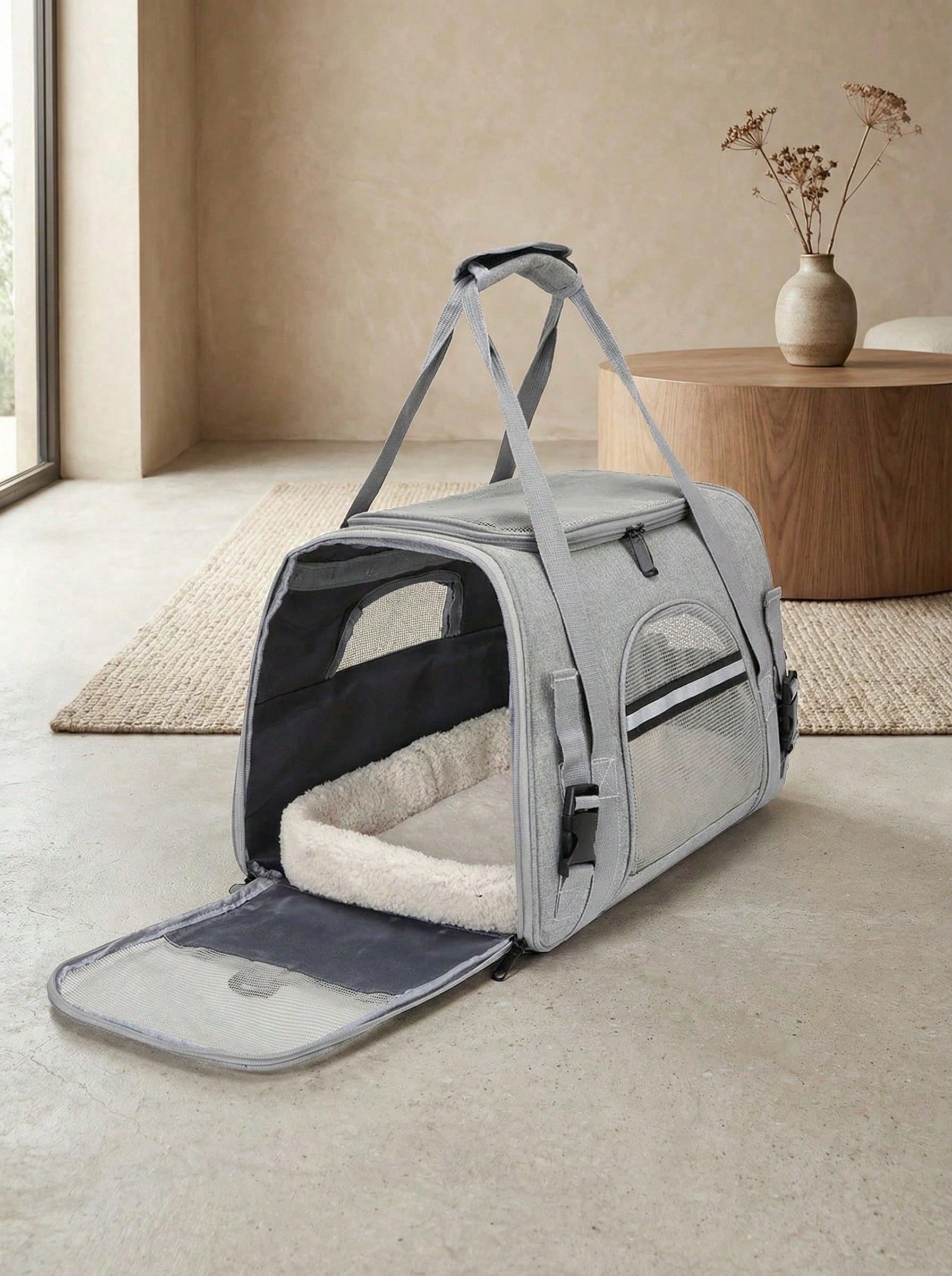 Grey colorblock soft-sided pet carrier bag for medium cats and small dogs up to 15 lbs