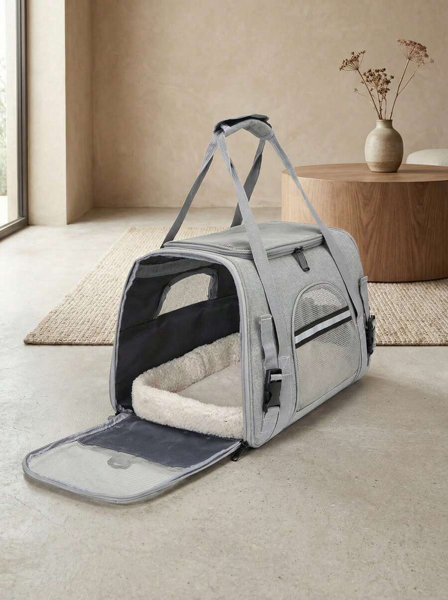 Grey colorblock soft-sided pet carrier bag for medium cats and small dogs up to 15 lbs