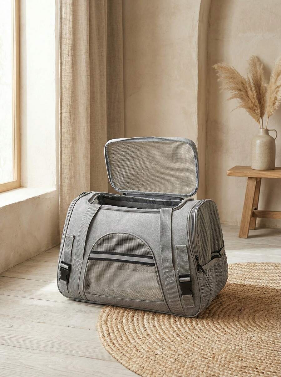 Grey colorblock soft-sided pet carrier bag for medium cats and small dogs up to 15 lbs