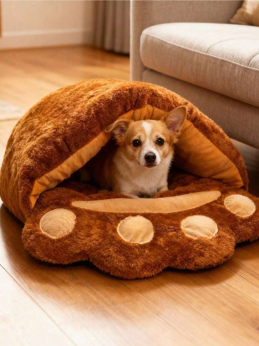Brown bear paw shaped pet nest sleeping bag bed crafted from polyester for small animals.