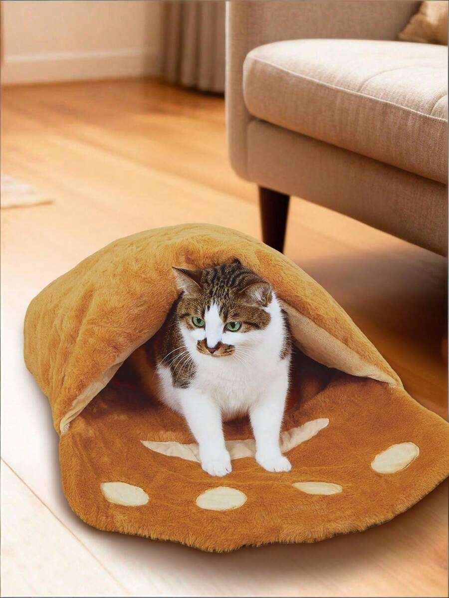 Brown bear paw shaped pet nest sleeping bag bed crafted from polyester for small animals.