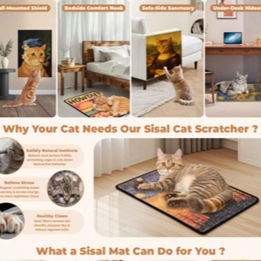 Self-adhesive polyester cat scratcher pad mounted on wall and sofa as furniture protector for indoor cats.