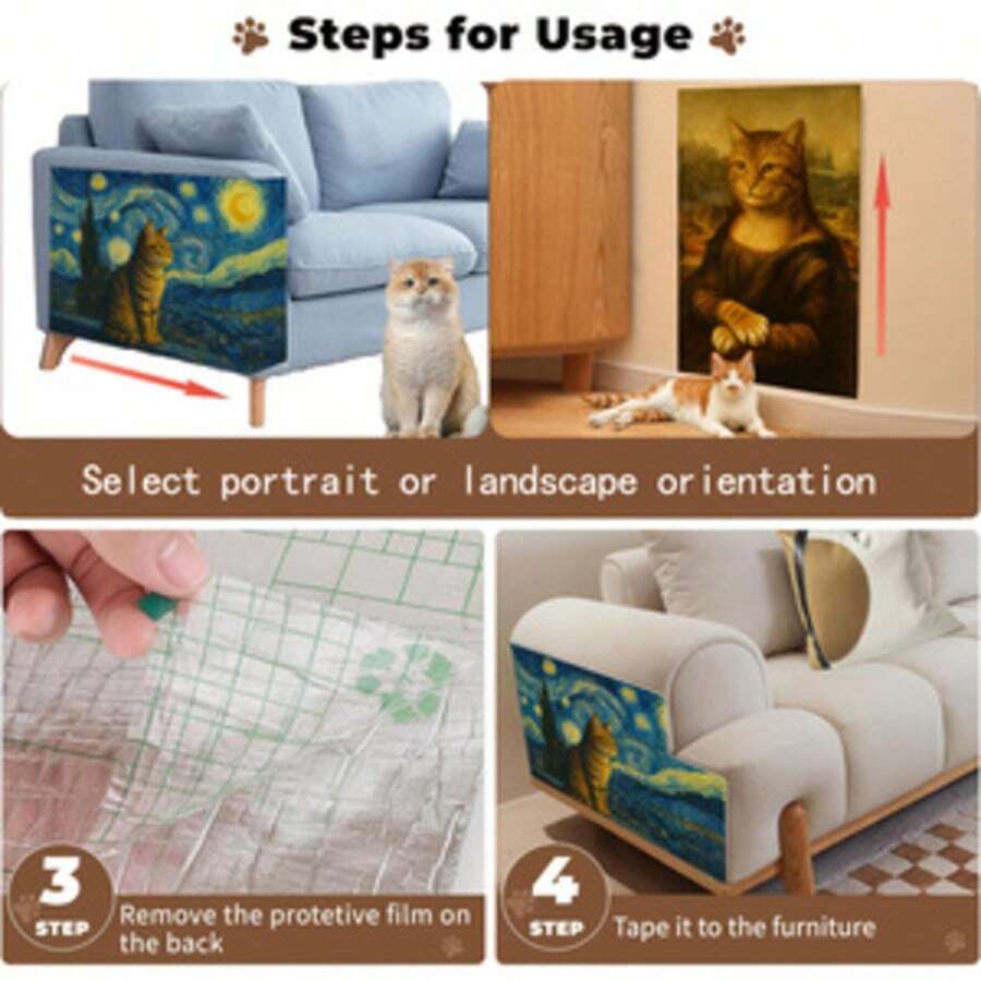 Self-adhesive polyester cat scratcher pad mounted on wall and sofa as furniture protector for indoor cats.