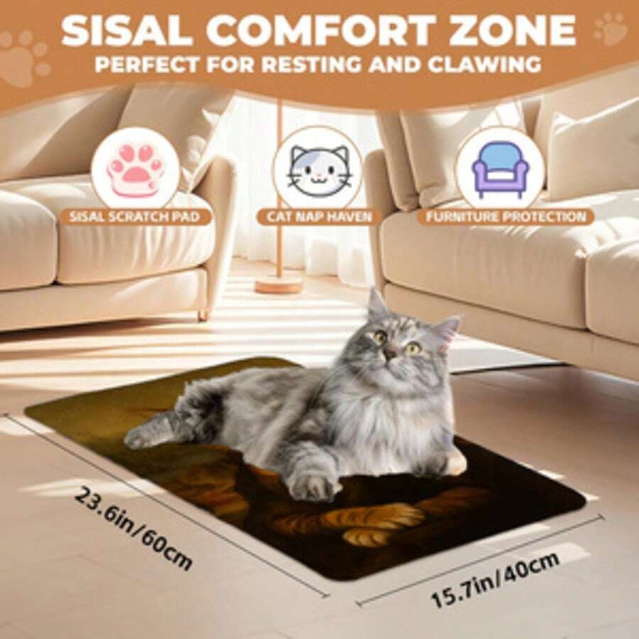 Self-adhesive polyester cat scratcher pad mounted on wall and sofa as furniture protector for indoor cats.