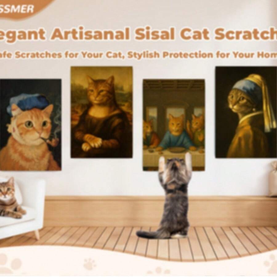 Self-adhesive polyester cat scratcher pad mounted on wall and sofa as furniture protector for indoor cats.