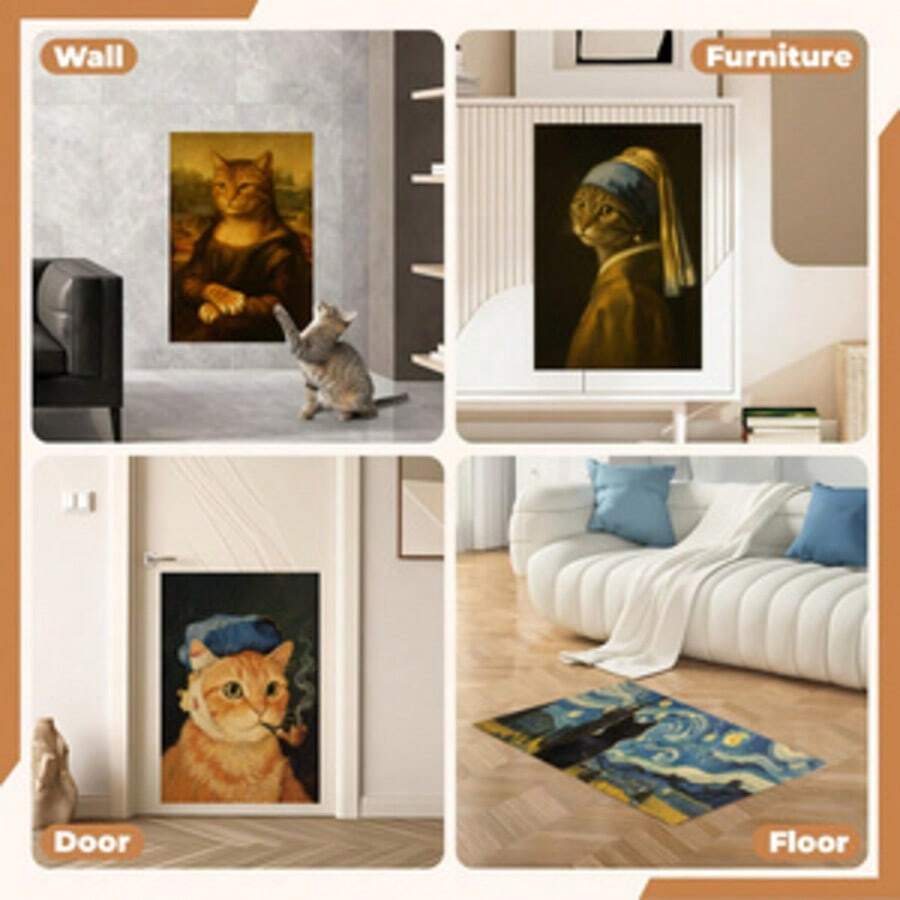 Self-adhesive polyester cat scratcher pad mounted on wall and sofa as furniture protector for indoor cats.