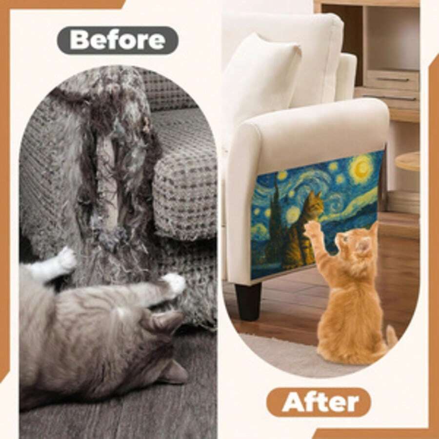 Self-adhesive polyester cat scratcher pad mounted on wall and sofa as furniture protector for indoor cats.