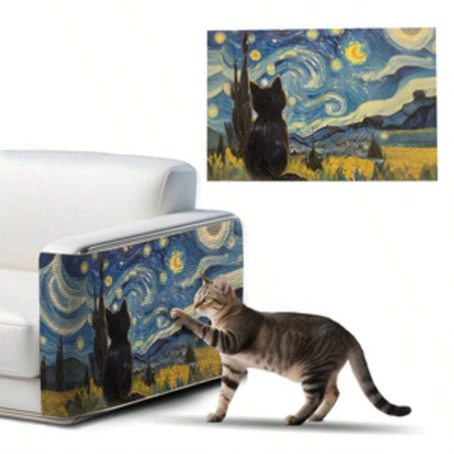 Self-adhesive polyester cat scratcher pad mounted on wall and sofa as furniture protector for indoor cats.