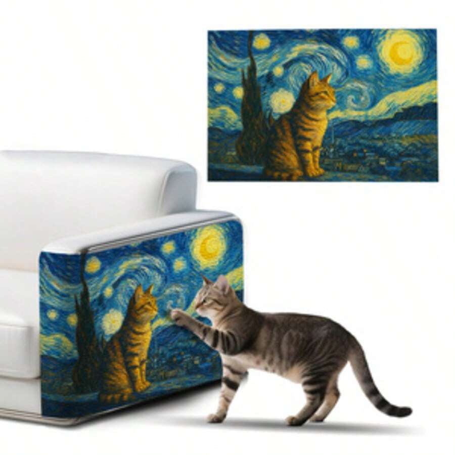 Self-adhesive polyester cat scratcher pad mounted on wall and sofa as furniture protector for indoor cats.