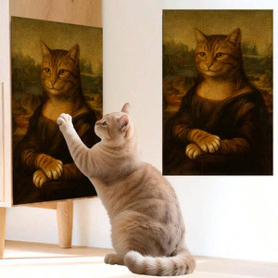 Self-adhesive polyester cat scratcher pad mounted on wall and sofa as furniture protector for indoor cats.