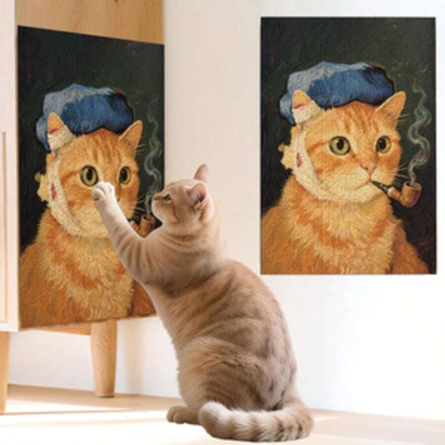 Self-adhesive polyester cat scratcher pad mounted on wall and sofa as furniture protector for indoor cats.