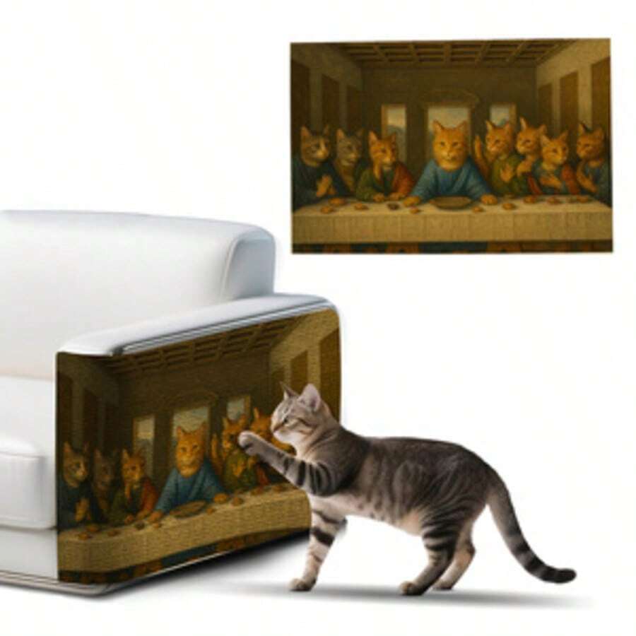 Self-adhesive polyester cat scratcher pad mounted on wall and sofa as furniture protector for indoor cats.