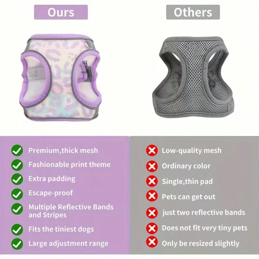 Purple reflective anti-escape polyester chest harness for small and medium dogs with breathable design and graphic pattern