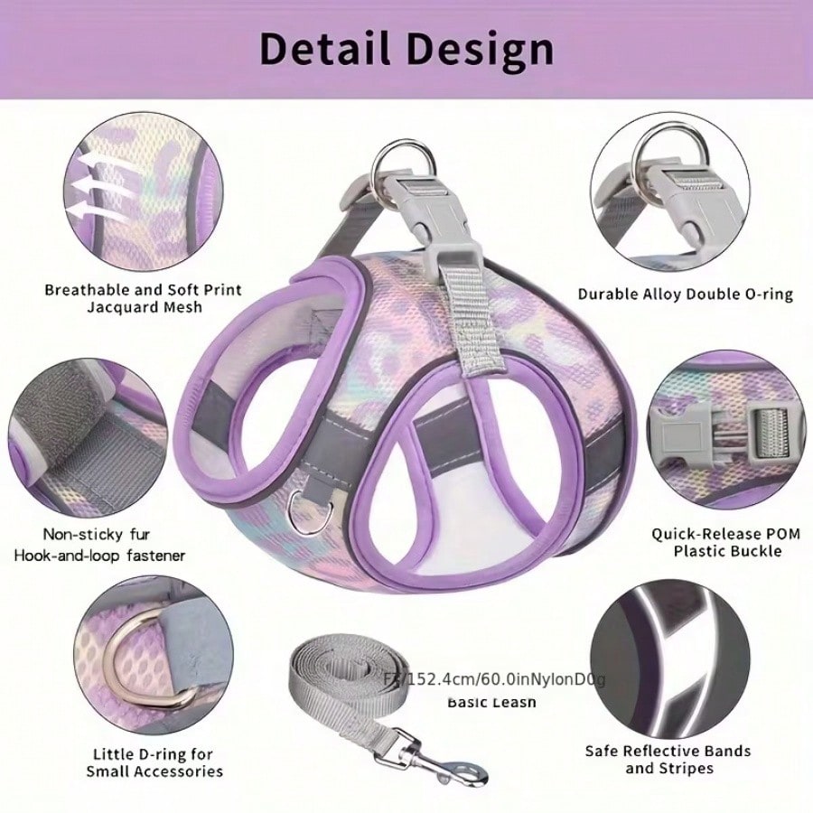 Purple reflective anti-escape polyester chest harness for small and medium dogs with breathable design and graphic pattern