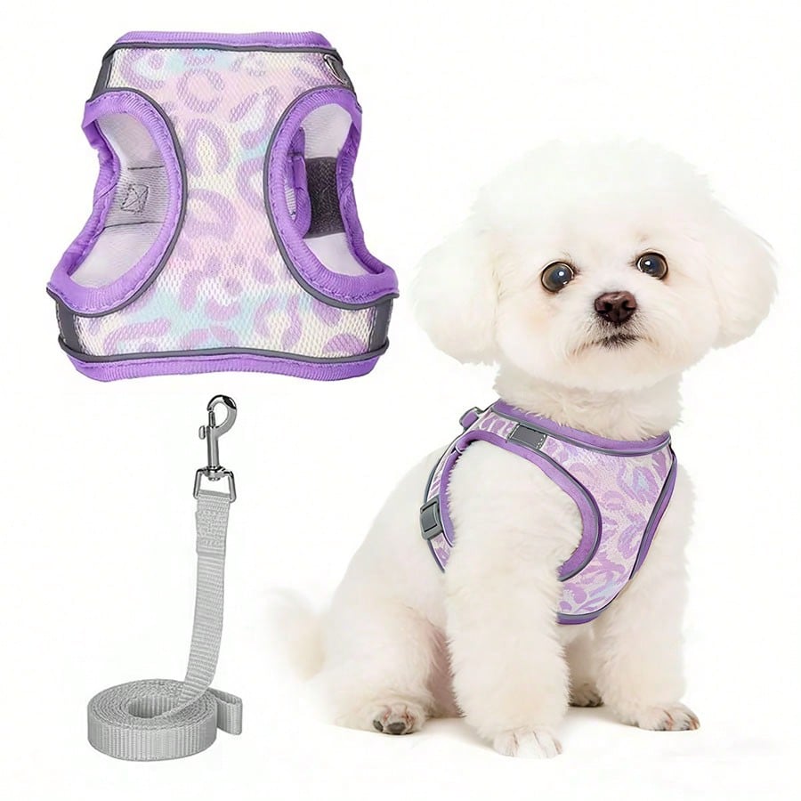 Purple reflective anti-escape polyester chest harness for small and medium dogs with breathable design and graphic pattern