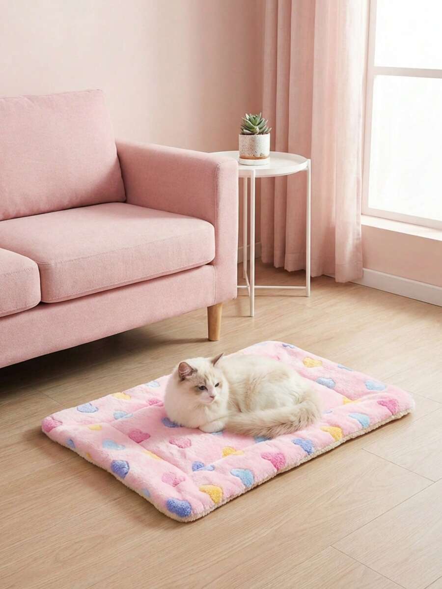 Pink heart-shaped warm pet bed featuring a geometric pattern for cats and small dogs.