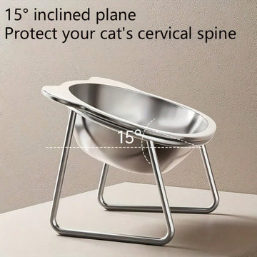 Elevated stainless steel cat bowl featuring cat ears detail, an inclined neck protection design, and a wide stable base.