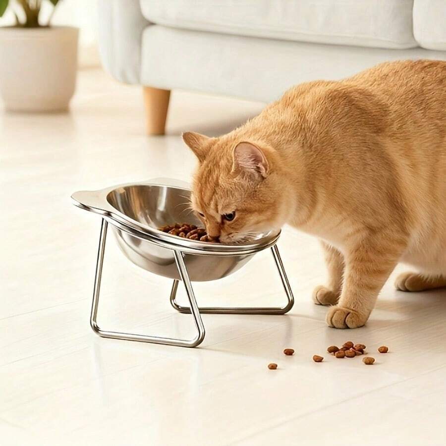 Elevated stainless steel cat bowl featuring cat ears detail, an inclined neck protection design, and a wide stable base.