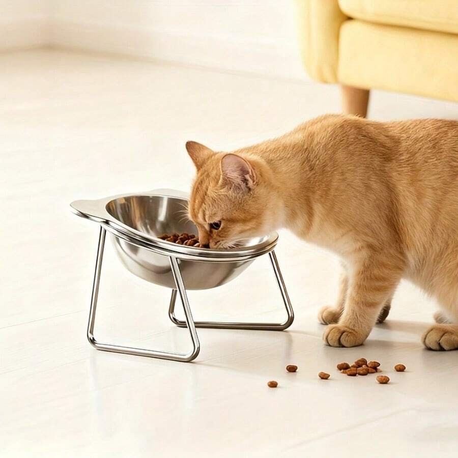 Elevated stainless steel cat bowl featuring cat ears detail, an inclined neck protection design, and a wide stable base.