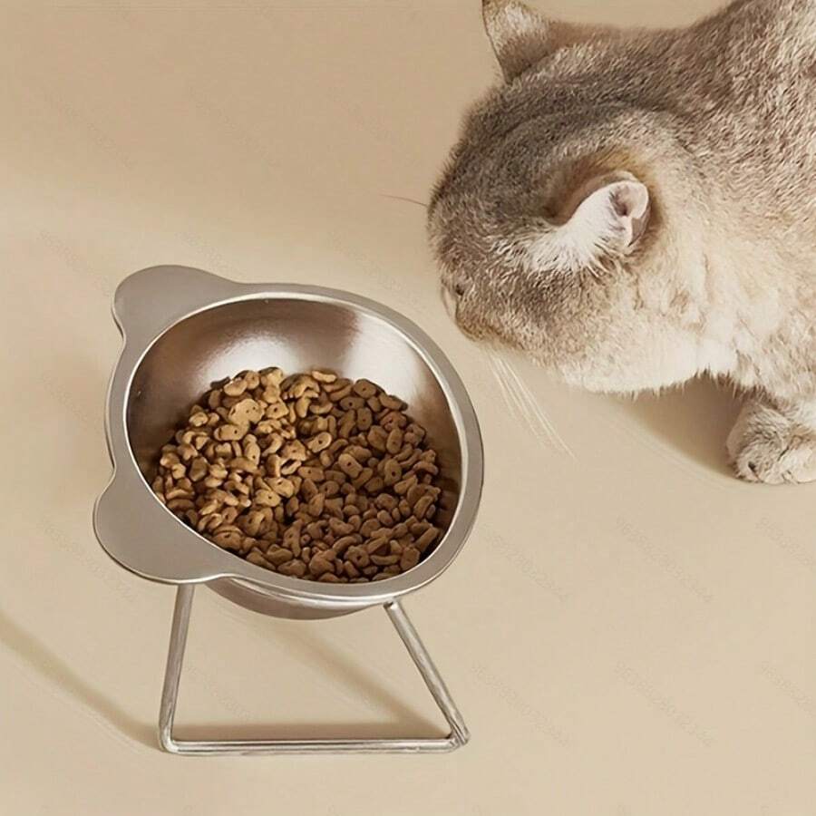 Elevated stainless steel cat bowl featuring cat ears detail, an inclined neck protection design, and a wide stable base.