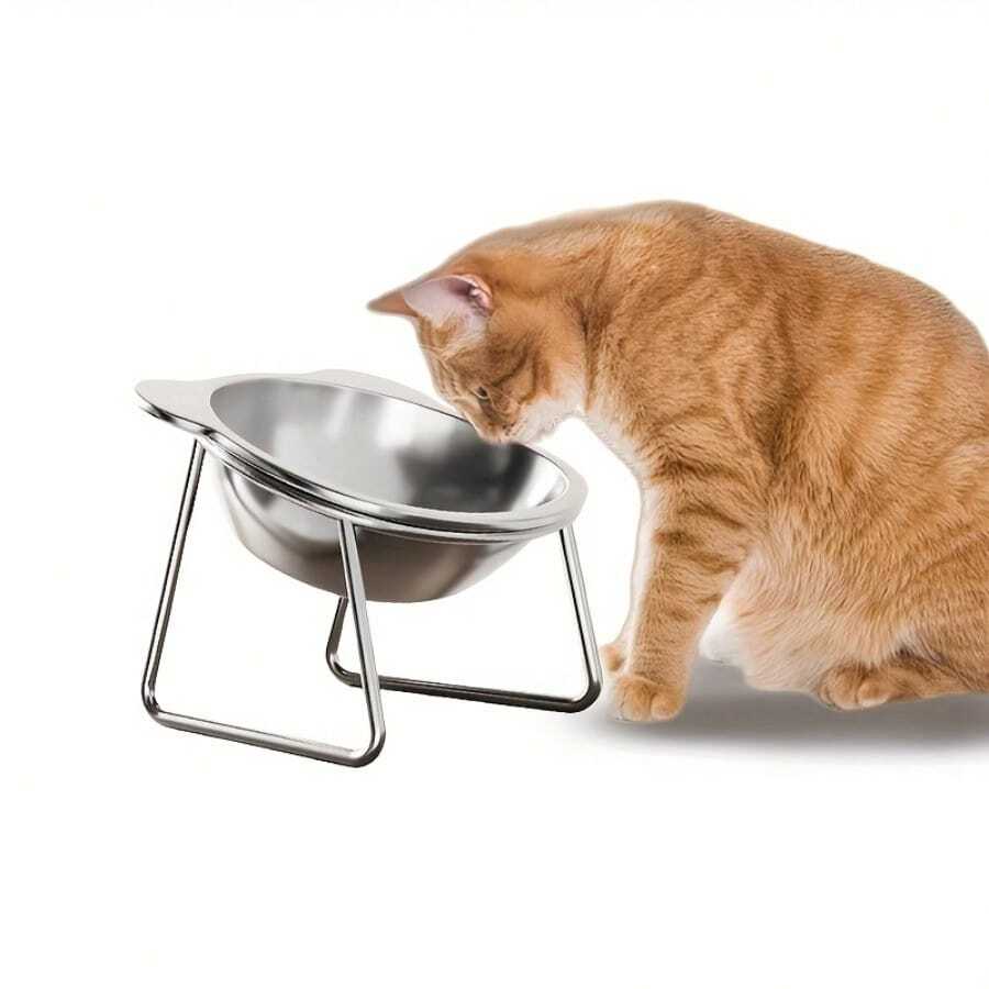 Elevated stainless steel cat bowl featuring cat ears detail, an inclined neck protection design, and a wide stable base.
