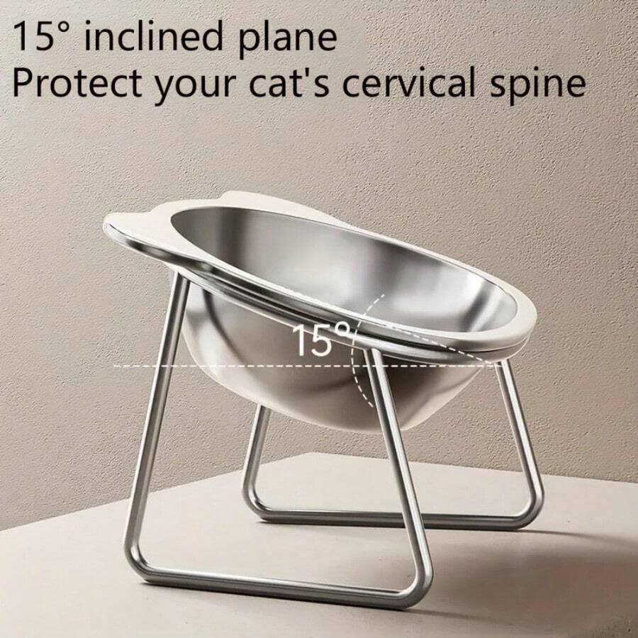 Elevated stainless steel cat bowl featuring cat ears detail, an inclined neck protection design, and a wide stable base.